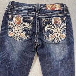 JEANS BOOT Miss Me  Womens 26 Blue Signature Fleur de Lis Rhinestone Embroidered